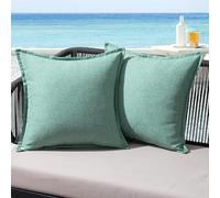 MIULEE Outdoor Cushions Waterproof Faux Linen Decorative Outside Cushion Covers Water Resistant for Garden Sofa Livingroom Chair Bedroom Tent Park Patio 45x45cm Set of 2 Blue Green