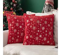 MIULEE Pack of 2 Christmas Cushion Covers Faux Fur Throw Pillow Cover Fluffy Soft Decorative with Snow Patterns Square Pillow Covers Plush Case for Sofa Bedroom 20 x 20 Inches 50 x 50 cm Red