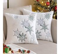 MIULEE Set of 2 Christmas Cushion Covers Snow Embroidery Decorative Pillowcase Faux Fur Soft and Cosy Cushion Cover Sofa Cushion Decorative Cushion Decoration for Living Room 45x45cm Dark Green
