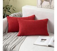MIULEE Set of 2 Cushion Covers Cushions Decorative Corduroy 12x12 Inches, 30cm x 30cm Striped Solid Square Throw Pillow Cases for Sofa Couch Home Bedroom Red