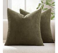 MIULEE Striped Corduroy Fabric Square Throw Pillow Case,Solid Cushion Cover for Sofa Chair Couch/Bedroom Decorative Pillowcases 20x20 Inch 2 Pieces,Olive green