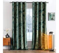 MIULEE Velvet Curtains with Gold Foil Leaves Pattern, 2 Dark Green Velvet Curtains with Eyelets, Each 55 x 110 Inch, Room Darkening Drapes for Classical Living Room Bedroom