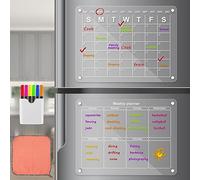 miuline 2PCS Acrylic Magnetic Fridge Calendar Clear Planner Monthly Whiteboard for and Wall Reusable Dry Erase Board with 6 Marker Pen Menu Meal Memo Family