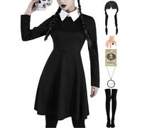Miulruma Wednesday Addams Costume Dress for Women Adult Halloween Costume with Stockings Family Cosplay Peter Pan Collar Flare Skater Dress MA036-XS