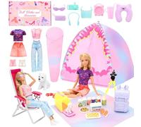 Miunana 34 Doll Travel Camping Tent Set Include Doll Tent Casual Dress Top & Pants Backpack Placemat Sleeping Bag Shoes Chair Toy Dog Camping Playset for 11.5 Inch/30cm Girl Doll for Kid