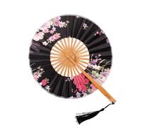 MIUPOO Japanese Fan Art Deco Round Fabric Print Bamboo Fan,Bamboo Round Folding Fan,Chinese Foldable Hand Fan for Women Birthday Wedding Party Home Decorations,Black.
