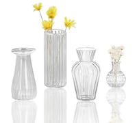 Miupoo Mini Clear Glass Bud Vases Bulk,Small Ribbed Vintage Miniature Vases for Table Decorations Centerpieces,Flower Vase for Wedding Decor Rustic Decorative,4Pieces,Vertical Striped Vase
