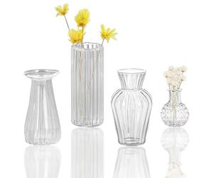 Miupoo Mini Clear Glass Bud Vases Bulk,Small Ribbed Vintage Miniature Vases for Table Decorations Centerpieces,Flower Vase for Wedding Decor Rustic Decorative,4Pieces,Vertical Striped Vase