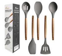 Miusco Non-Stick Cooking Spoon, Silicone Kitchen Utensils Set with Natural Acacia Hard Wood Handle, 5 Piece, Grey, BPA Free, Baking & Serving Silicone Cooking Utensils