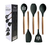 Miusco Non-Stick Cooking Utensils, Silicone Kitchen Utensils Set with Natural Acacia Hard Wood Handle, 5 Piece, Green, BPA Free, Baking & Serving Wooden Cooking Spoon