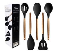 Miusco Non-Stick Cooking Utensils, Silicone Kitchen Utensils Set with Natural Acacia Hard Wood Handle, 5 Piece, Black, BPA Free, Baking & Serving Wooden Cooking Spoon