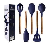 Miusco Silicone Cooking Spoon Set, Non-Stick Silicone Kitchen Utensils Set, 5 Pieces, Kitchen Utensil Set with Acacia Hardwood Handle, Blue, BPA-Free, Silicone Kitchen Utensils Set for Baking &