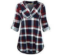 Miusey Womens Mandarin Collar Plaid Roll Sleeve V Neck Flowy Loose Tunic Blouse - Multi - XXL