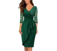 MIUSOL Classic V-Neck Sequin Floral Lace Contrast Ruffle Trim Wrap Hem 3/4 Sleeve Cocktail Party Fitted Dress