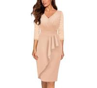 MIUSOL Classic V-Neck Sequin Floral Lace Contrast Ruffle Trim Wrap Hem 3/4 Sleeve Cocktail Party Fitted Dress (Large, Champagne)