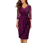 MIUSOL Classic V-Neck Sequin Floral Lace Contrast Ruffle Trim Wrap Hem 3/4 Sleeve Cocktail Party Fitted Dress (Small, Maroon)