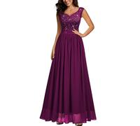 MIUSOL Women's Double V Neck Sequin Lace Chiffon Evening Prom Party Wedding Maxi Dress (Small, Maroon)