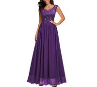 MIUSOL Women's Double V Neck Sequin Lace Chiffon Evening Prom Party Wedding Maxi Dress (Small, Purple)