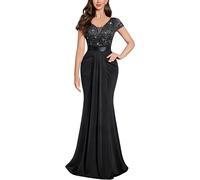 MIUSOL Women's Double V Neck Sequin Lace Chiffon Sheath Wedding Banquet Party Maxi Dress (Small, Black)