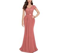 MIUSOL Women's Double V Neck Sequin Lace Chiffon Sheath Wedding Banquet Party Maxi Dress (Small, Cinnamon Pink)
