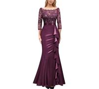 MIUSOL Women's Elegant 3/4 Sleeve Lace Sequin Ruffle Fishtail Wedding Banquet Party Maxi Dress (Large, Maroon)