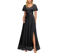 MIUSOL Women's Elegant Double V-Neck Sequin Embroidered Prom Bridesmaids Party Gown Formal Maxi Dress (X-Large, Black)