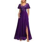 MIUSOL Women's Elegant Double V-Neck Sequin Embroidered Prom Bridesmaids Party Gown Formal Maxi Dress (Large, Purple)
