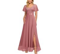 MIUSOL Women's Elegant Double V-Neck Sequin Embroidered Prom Bridesmaids Party Gown Formal Maxi Dress (Large, Rosiness)