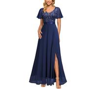 MIUSOL Women's Elegant Double V-Neck Sequin Embroidered Prom Bridesmaids Party Gown Formal Maxi Dress (Large, Navy Blue)