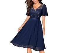 MIUSOL Women's Elegant Lace Sequins Insert Chiffon Ruffle Cocktail Party Prom Semi Formal Wedding Guest Swing Dress (Small, Navy Blue)
