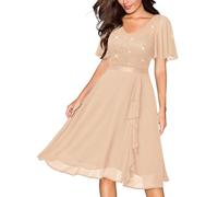 MIUSOL Women's Elegant Lace Sequins Insert Chiffon Ruffle Cocktail Party Prom Semi Formal Wedding Guest Swing Dress (Medium, Champagne)