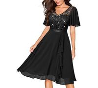 MIUSOL Women's Elegant Lace Sequins Insert Chiffon Ruffle Cocktail Party Prom Semi Formal Wedding Guest Swing Dress (Small, Black)