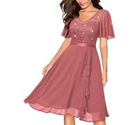 MIUSOL Women's Elegant Lace Sequins Insert Chiffon Ruffle Cocktail Party Prom Semi Formal Wedding Guest Swing Dress (X-Large, Rosiness)