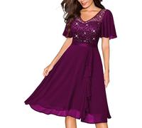 MIUSOL Women's Elegant Lace Sequins Insert Chiffon Ruffle Cocktail Party Prom Semi Formal Wedding Guest Swing Dress (Large, Maroon)
