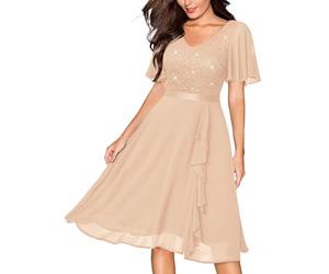 MIUSOL Women's Elegant Lace Sequins Insert Chiffon Ruffle Cocktail Party Prom Semi Formal Wedding Guest Swing Dress (Small, Champagne)