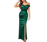 MIUSOL Women's Elegant Off-Shoulder High Split Satin Wedding Cocktail Party Ceremony Maxi Dress (Large, Dark Green)