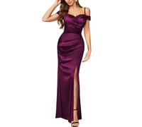 MIUSOL Women's Elegant Off-Shoulder High Split Satin Wedding Cocktail Party Ceremony Maxi Dress (Medium, Maroon)