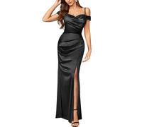 MIUSOL Women's Elegant Off-Shoulder High Split Satin Wedding Cocktail Party Ceremony Maxi Dress (XX-Large, Black)