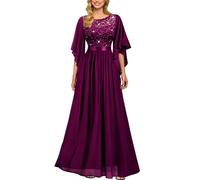 MIUSOL Women's Elegant Sequin Insert Lace Chiffon Scoop Neck Flare Sleeve Evening Prom Formal Long Dress (X-Large, Round Neck - Maroon)