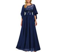 MIUSOL Women's Elegant Sequin Insert Lace Chiffon Scoop Neck Flare Sleeve Evening Prom Formal Long Dress (X-Large, Round Neck - Navy Blue)