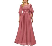 MIUSOL Women's Elegant Sequin Insert Lace Chiffon Scoop Neck Flare Sleeve Evening Prom Formal Long Dress (XX-Large, Round Neck - Rosiness)