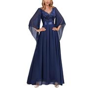 MIUSOL Women's Elegant Sequin Insert Lace Sheer Chiffon Deep V Neck Flare Sleeve Evening Prom Formal Long Dress (Medium, Navy Blue)