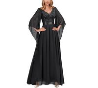 MIUSOL Women's Elegant Sequin Insert Lace Sheer Chiffon Deep V Neck Flare Sleeve Evening Prom Formal Long Dress (X-Large, Black)