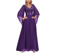 MIUSOL Women's Elegant Sequin Insert Lace Sheer Chiffon Deep V Neck Flare Sleeve Evening Prom Formal Long Dress (X-Large, Purple)