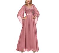 MIUSOL Women's Elegant Sequin Insert Lace Sheer Chiffon Deep V Neck Flare Sleeve Evening Prom Formal Long Dress (Large, Rosiness)