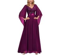 MIUSOL Women's Elegant Sequin Insert Lace Sheer Chiffon Deep V Neck Flare Sleeve Evening Prom Formal Long Dress (Small, Maroon)