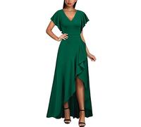 MIUSOL Women's Elegant V-Neck Ruffle Short Flutter Sleeves Empire Waist Split Evening Party Long Dress (Small, Dark Green)