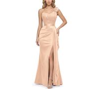 MIUSOL Women's Exquisite Lace Floral Spaghetti Strap Satin Fishtail Evening Formal Maxi Dress (Large, Champagne)