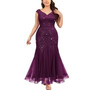 MIUSOL Women's Plus Size Sequins Lace Tulle Mermaid Hem V-Neck Sleeveless Formal Evening Party Maxi Dress (2XL, Maroon)
