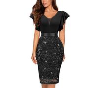 MIUSOL Women's Retro Ruffle Sleeve Lace Sequins Insert Bodycon Formal Business Cocktail Party Dress (Large, Black)